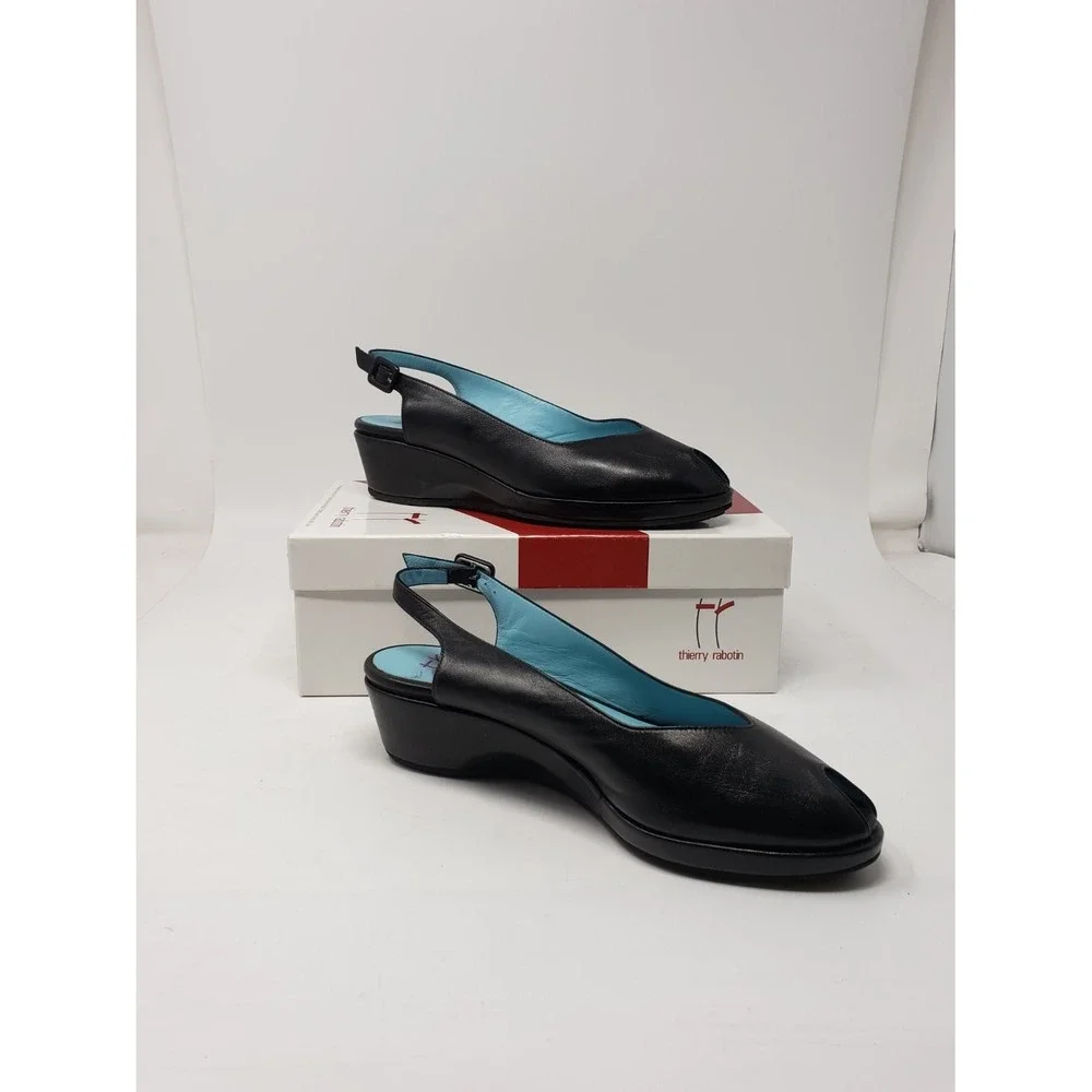 US 7.5 Thierry Rabotin Black Leather Peep Toe Wedge Slingback Sandals Womens EU
